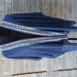 Lorimer Womens cardigan sheer trim on a sheer over blue One Size Beach Coverup